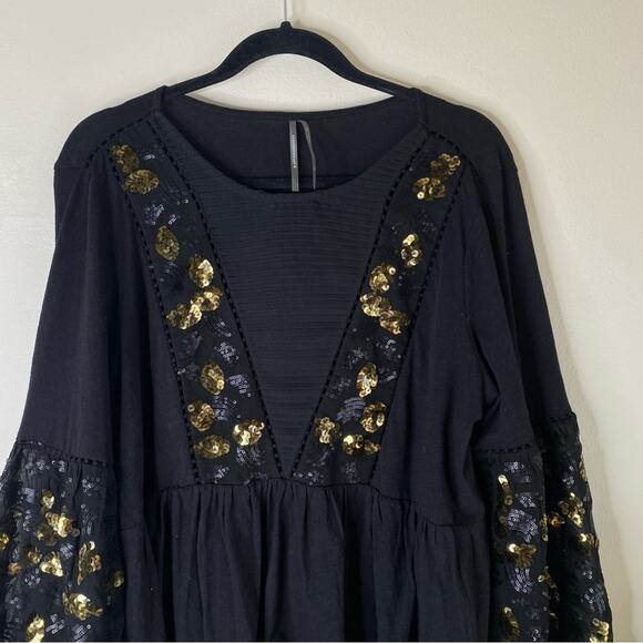 Anthropologie neale Sequin Peplum Top Extra Large puff sleeve ruffles black gold - Picture 4 of 7